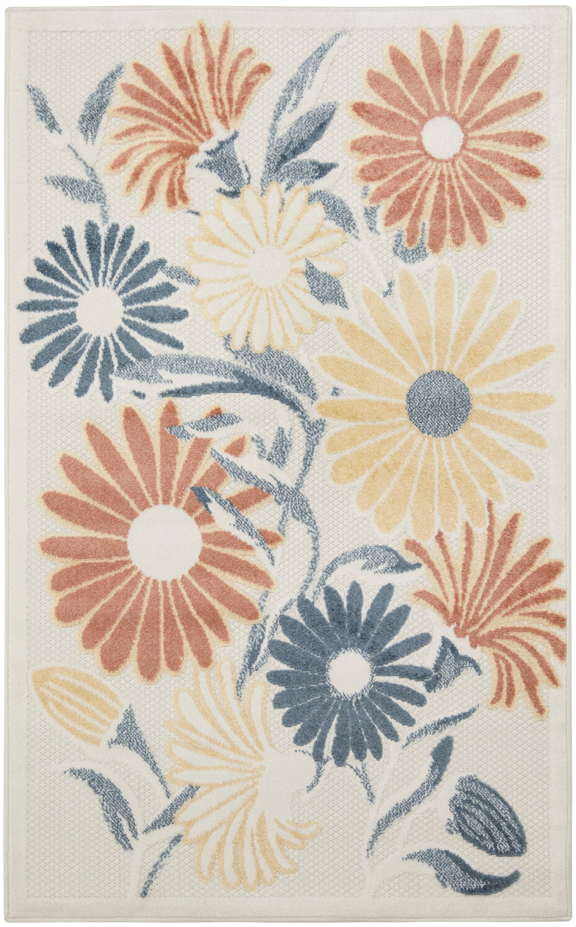 Rectangular beige rug with large multicolor daisy floral pattern in rust, navy, pale yellow and cream.