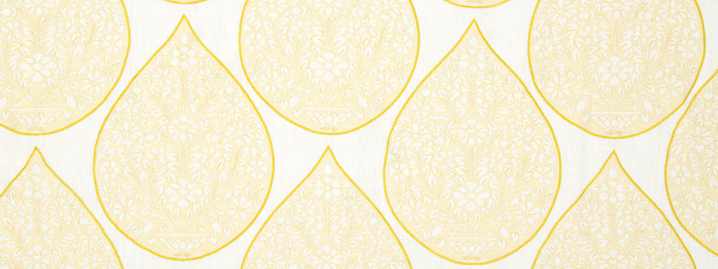 Repeating pale-yellow teardrop shapes with yellow outlines against white, decorative wallpaper pattern.