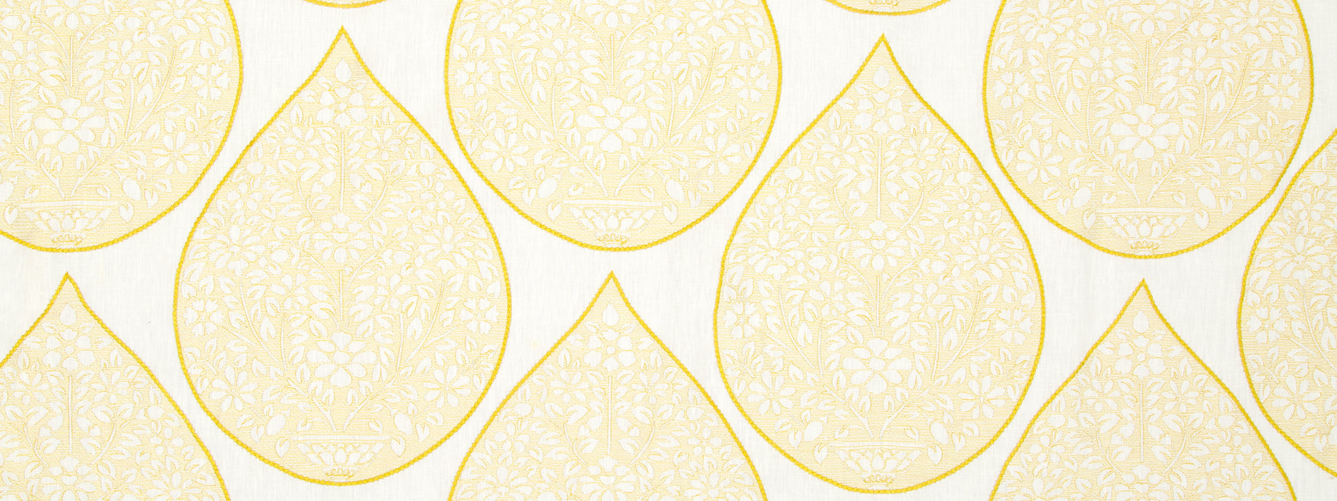 Repeating pale-yellow teardrop shapes with yellow outlines against white, decorative wallpaper pattern.