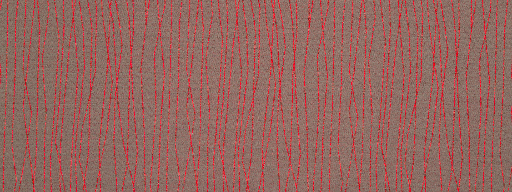 Crimson upholstery fabric with red wavy vertical stripes; woven textile for upholstery or curtains.