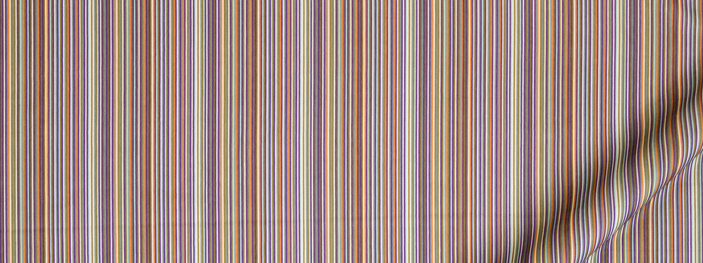 Colorful vertical striped fabric in purple, blue, orange, yellow; lightweight textile with folded edge.