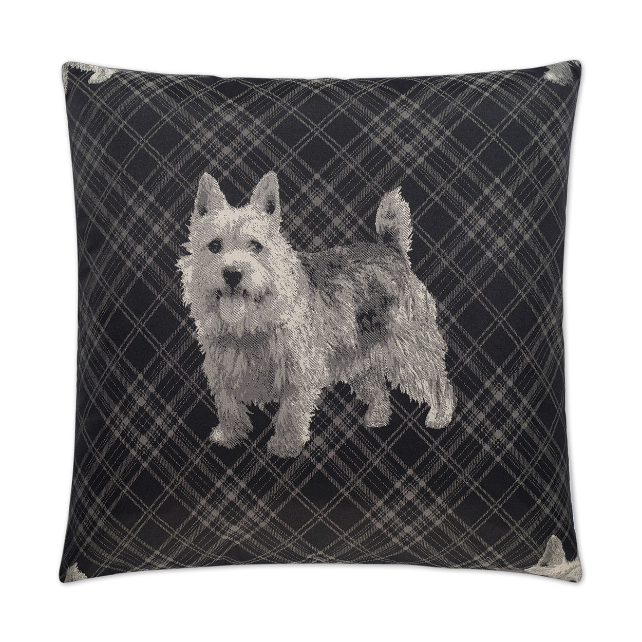 Rectangular pillow featuring dark plaid background & a white Schnauzer graphic.