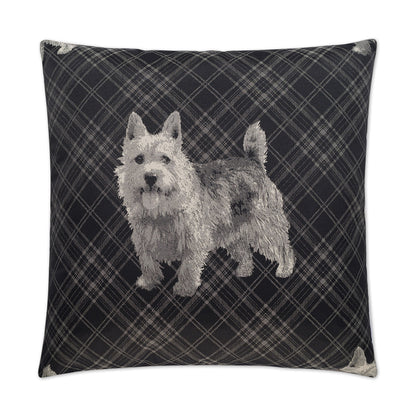 Rectangular pillow featuring dark plaid background & a white Schnauzer graphic.