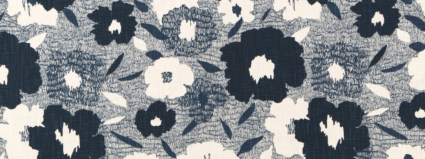Navy blue and white floral print with large blossoms and subtle leaves on a light gray fabric background