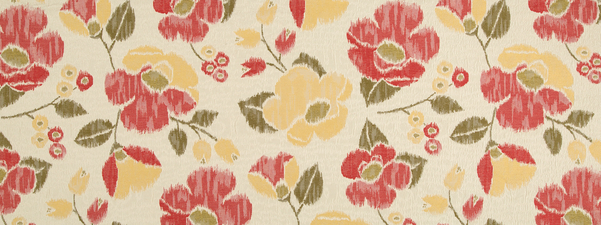 Coral upholstery fabric with red, pink and yellow flowers and green leaves in a vintage floral pattern.