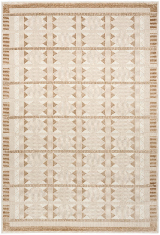 Beige rectangular rug with cream diamond grid pattern and light brown striped border; woven texture.