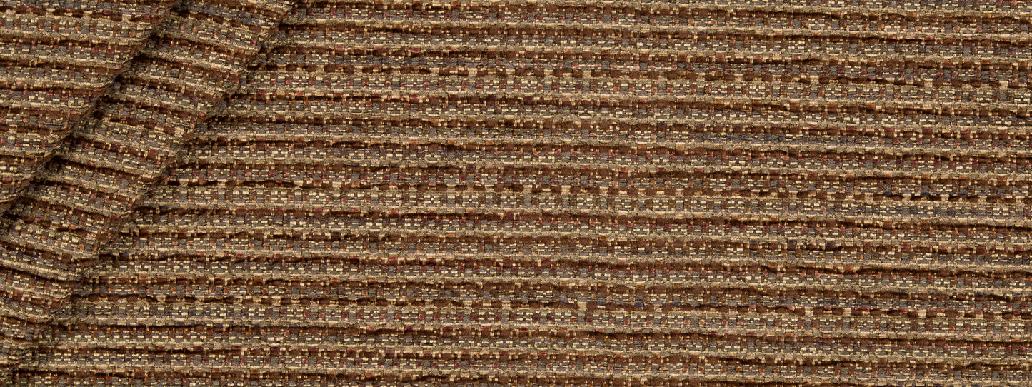 Brown and beige striped chenille upholstery fabric with a textured, plush finish.