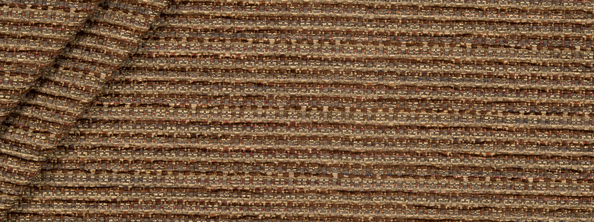 Brown and beige striped chenille upholstery fabric with a textured, plush finish.