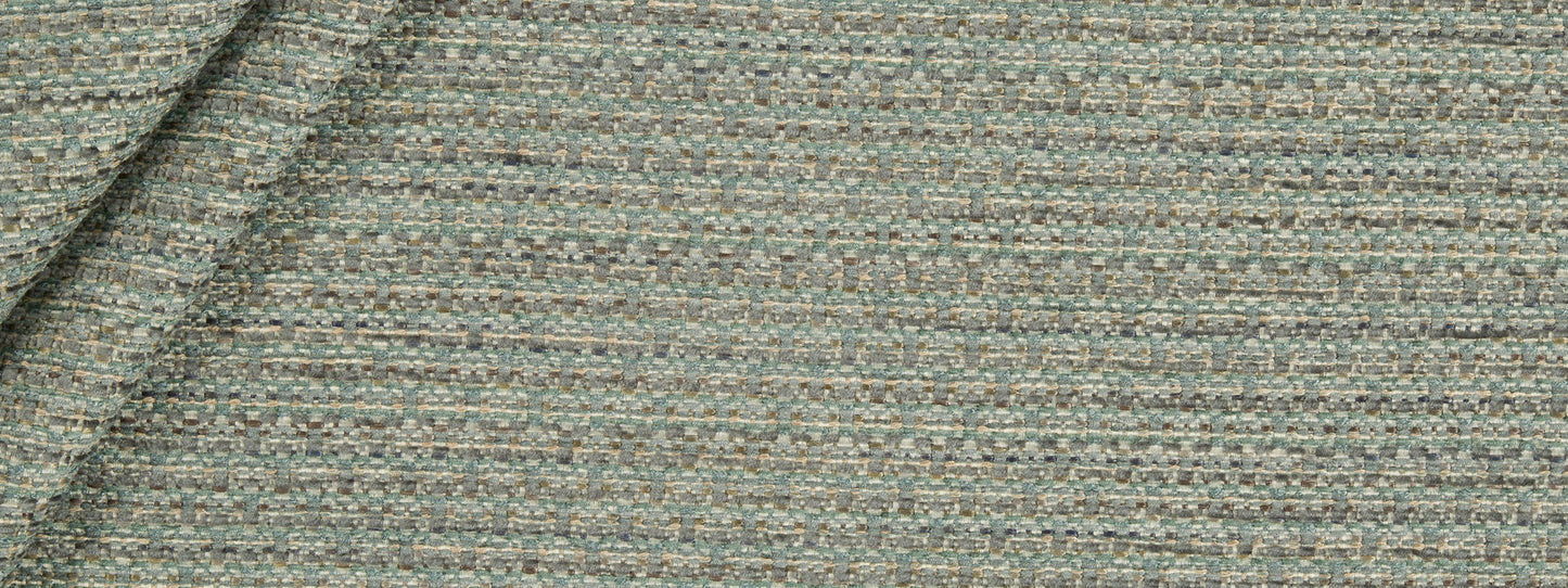 Teal-gray striped chenille fabric swatch with subtle multicolor threads, folded edge for upholstery use.