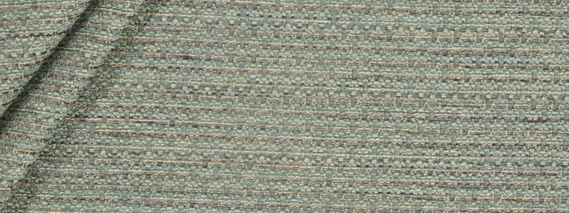 Teal-gray striped chenille fabric swatch with subtle multicolor threads, folded edge for upholstery use.