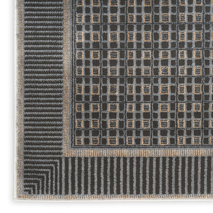 Rectangular woven rug with a dark gray grid pattern, tan square accents, and striped beige borders.