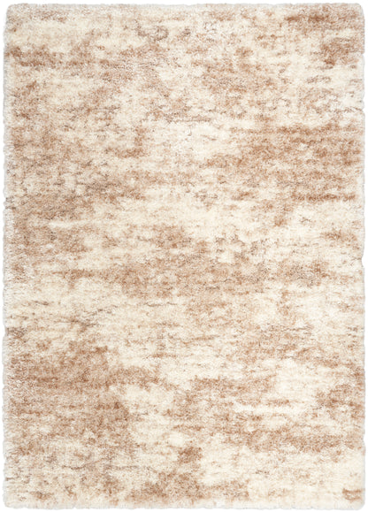 Neutral cream and tan shag rug with a soft, marbled pattern; plush rectangular area rug for living rooms.