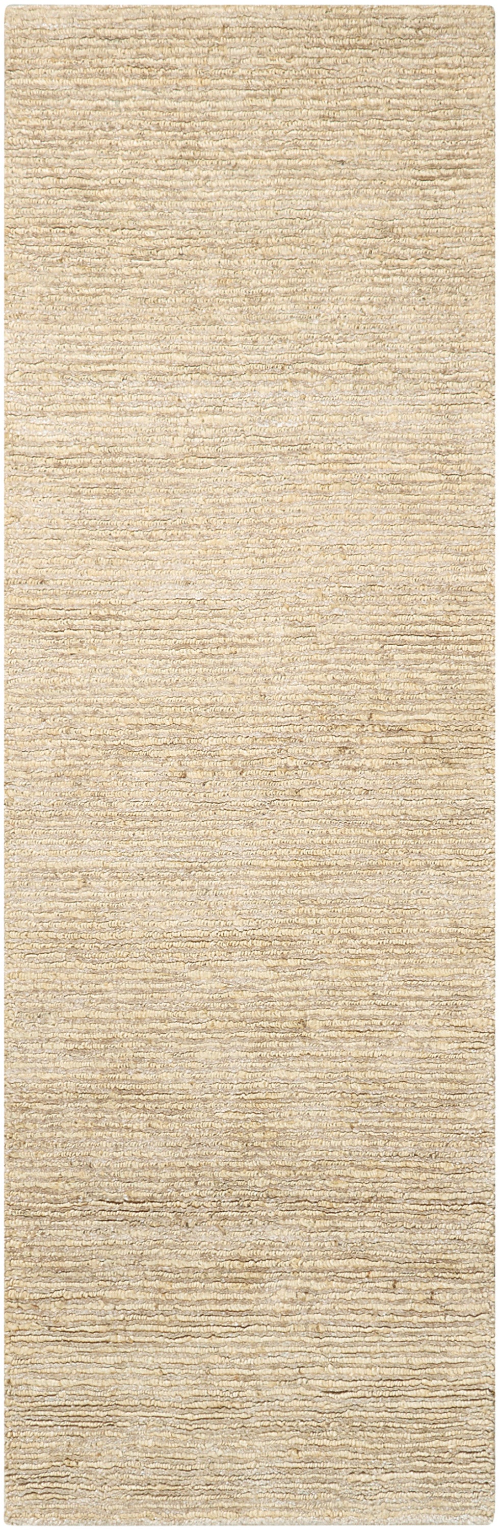Beige textured runner rug with soft loop pile and subtle horizontal ridges for neutral living room styling.