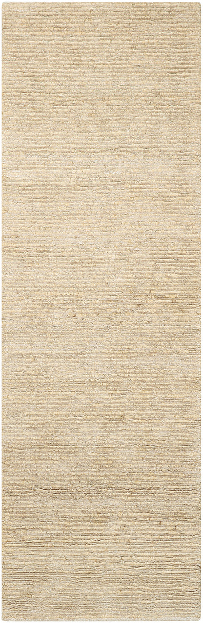 Beige textured runner rug with soft loop pile and subtle horizontal ridges for neutral living room styling.