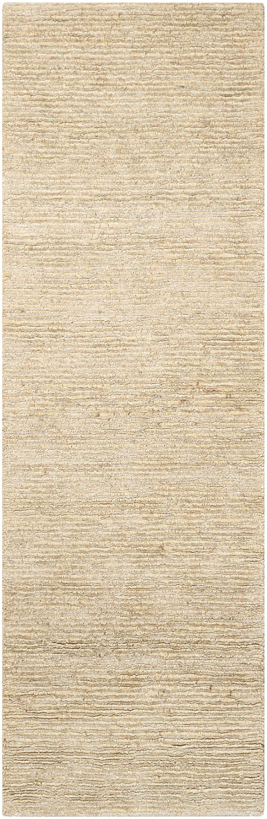 Beige textured runner rug with soft loop pile and subtle horizontal ridges for neutral living room styling.