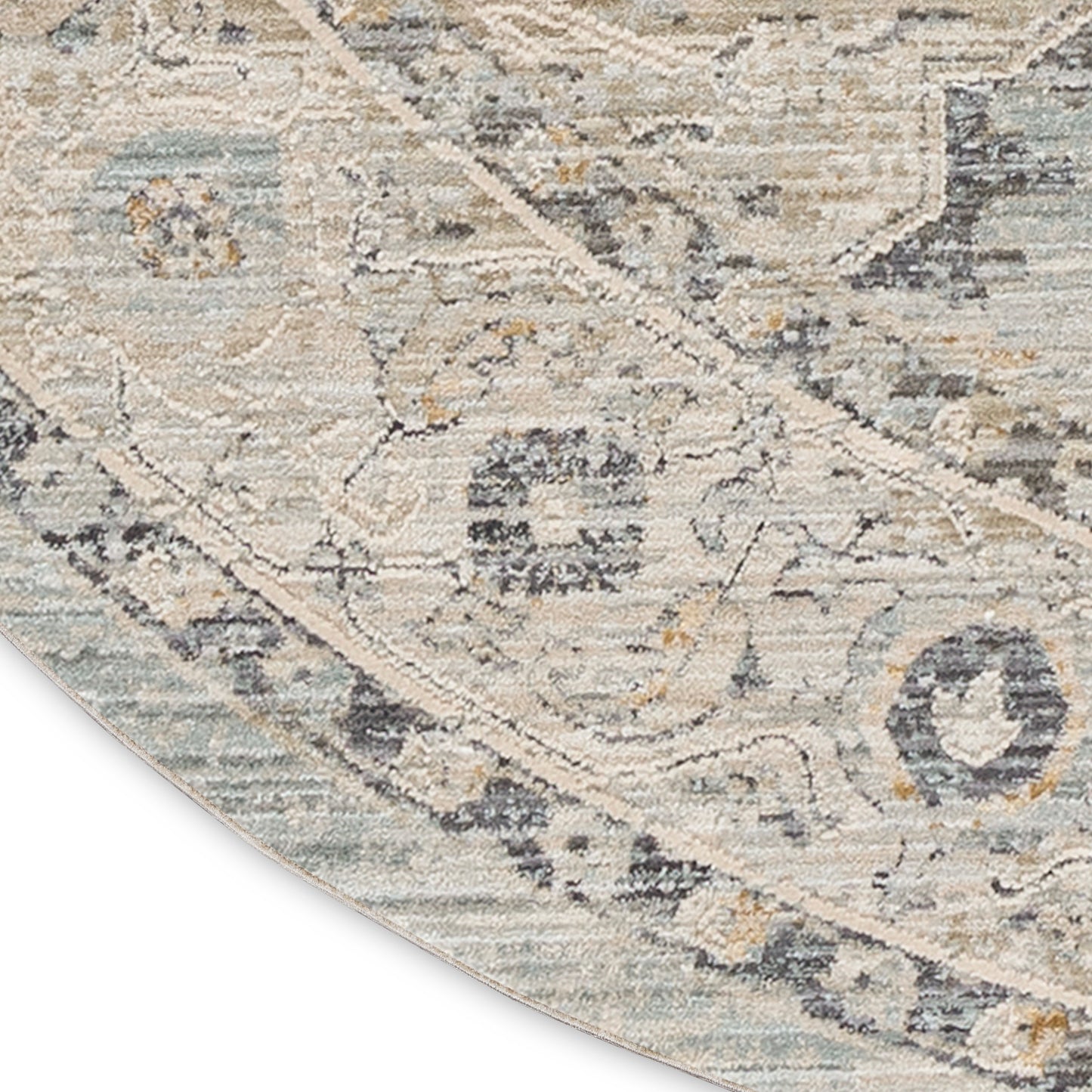 Round distressed oriental rug in beige, ivory, pale blue and gray with arabesque floral motif.
