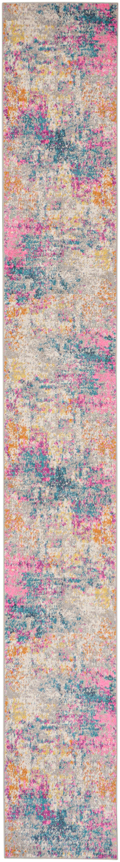 Abstract multicolor rug runner with pink, teal, orange and beige blotches, plush textured surface.