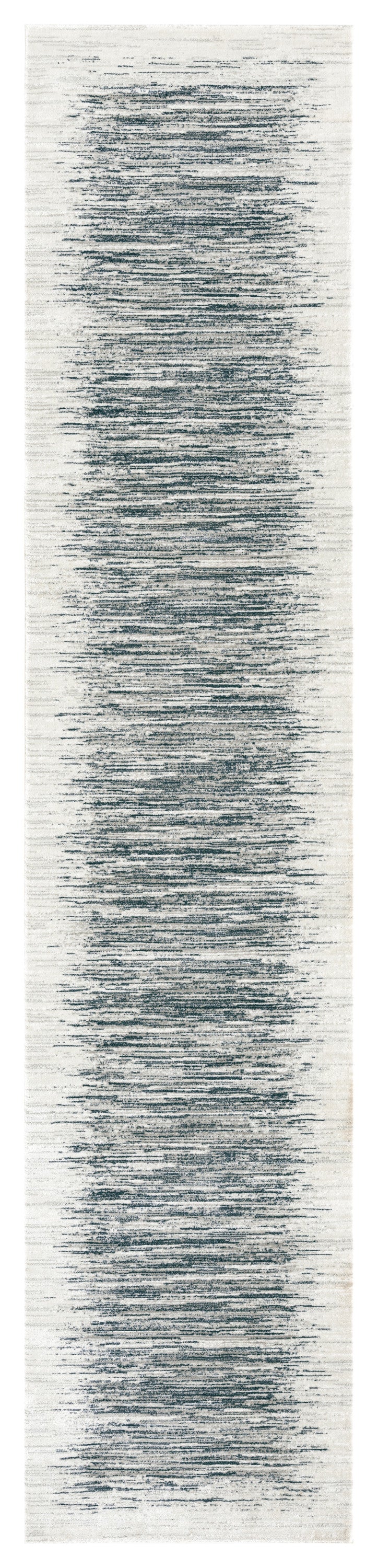 Narrow cream rug runner with distressed blue-gray horizontal bands and subtle texture.