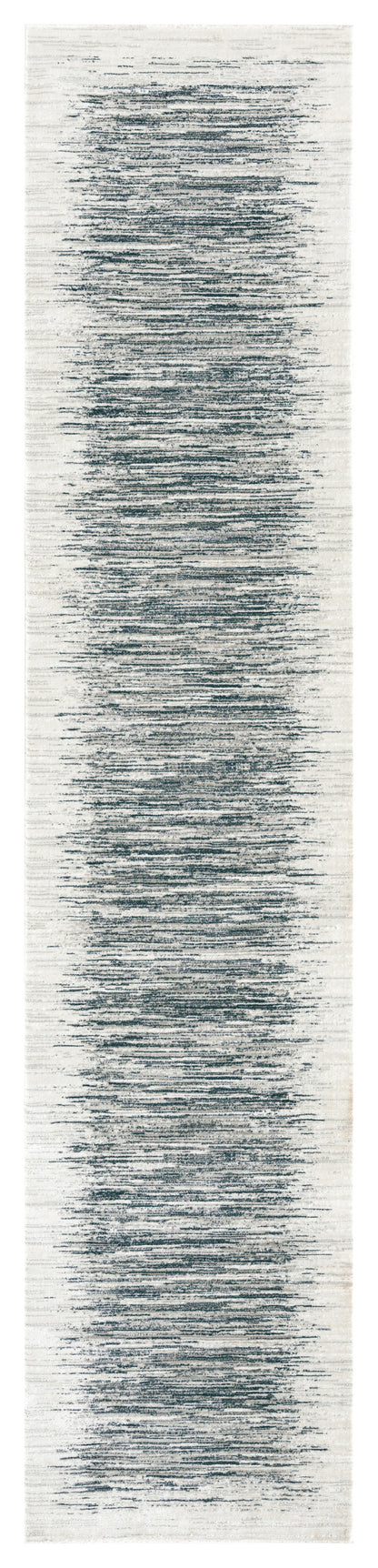 Narrow cream rug runner with distressed blue-gray horizontal bands and subtle texture.