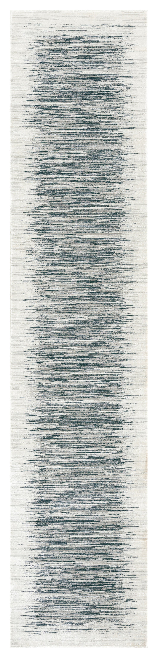 Narrow cream rug runner with distressed blue-gray horizontal bands and subtle texture.