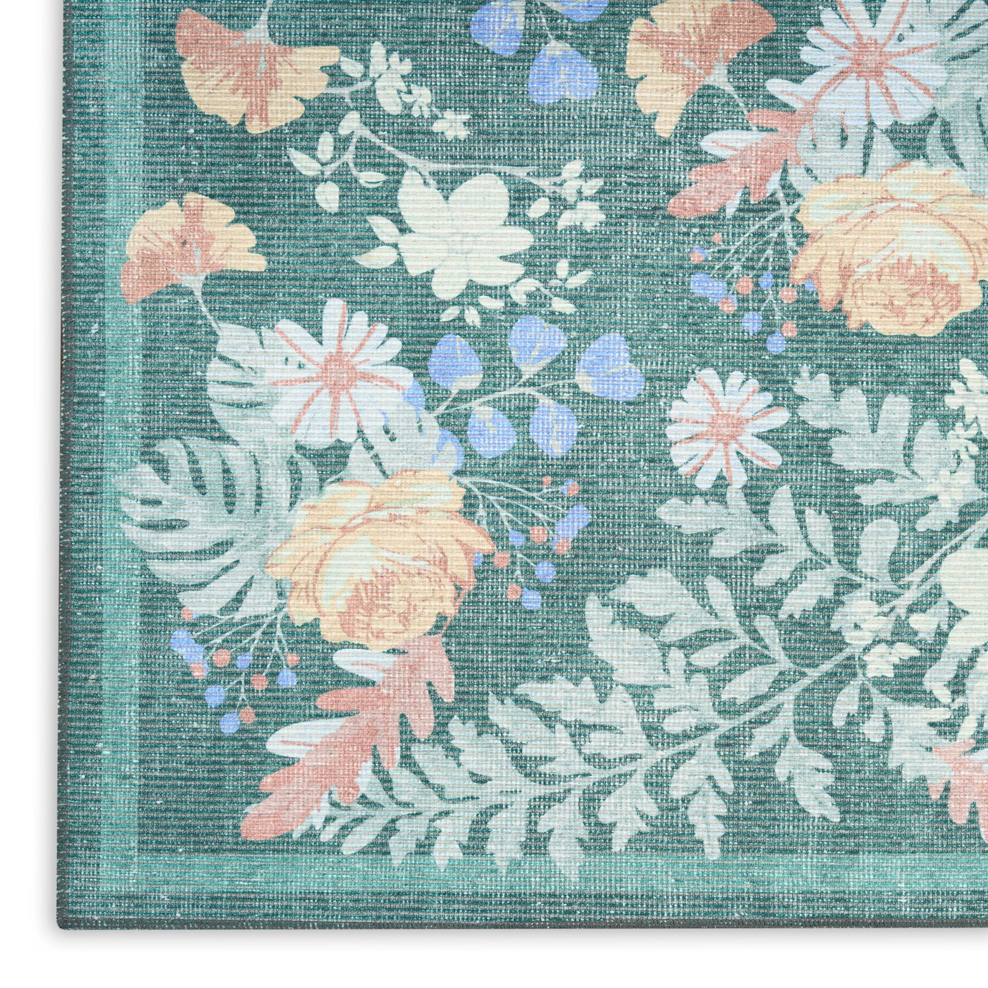 Teal floral rug close-up with peach, pink and white blooms and green leaves framed by a turquoise woven border