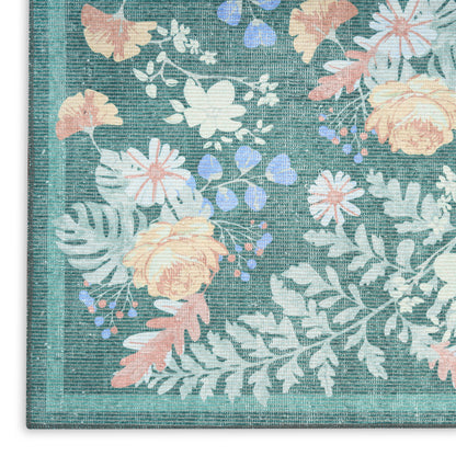 Teal floral rug close-up with peach, pink and white blooms and green leaves framed by a turquoise woven border