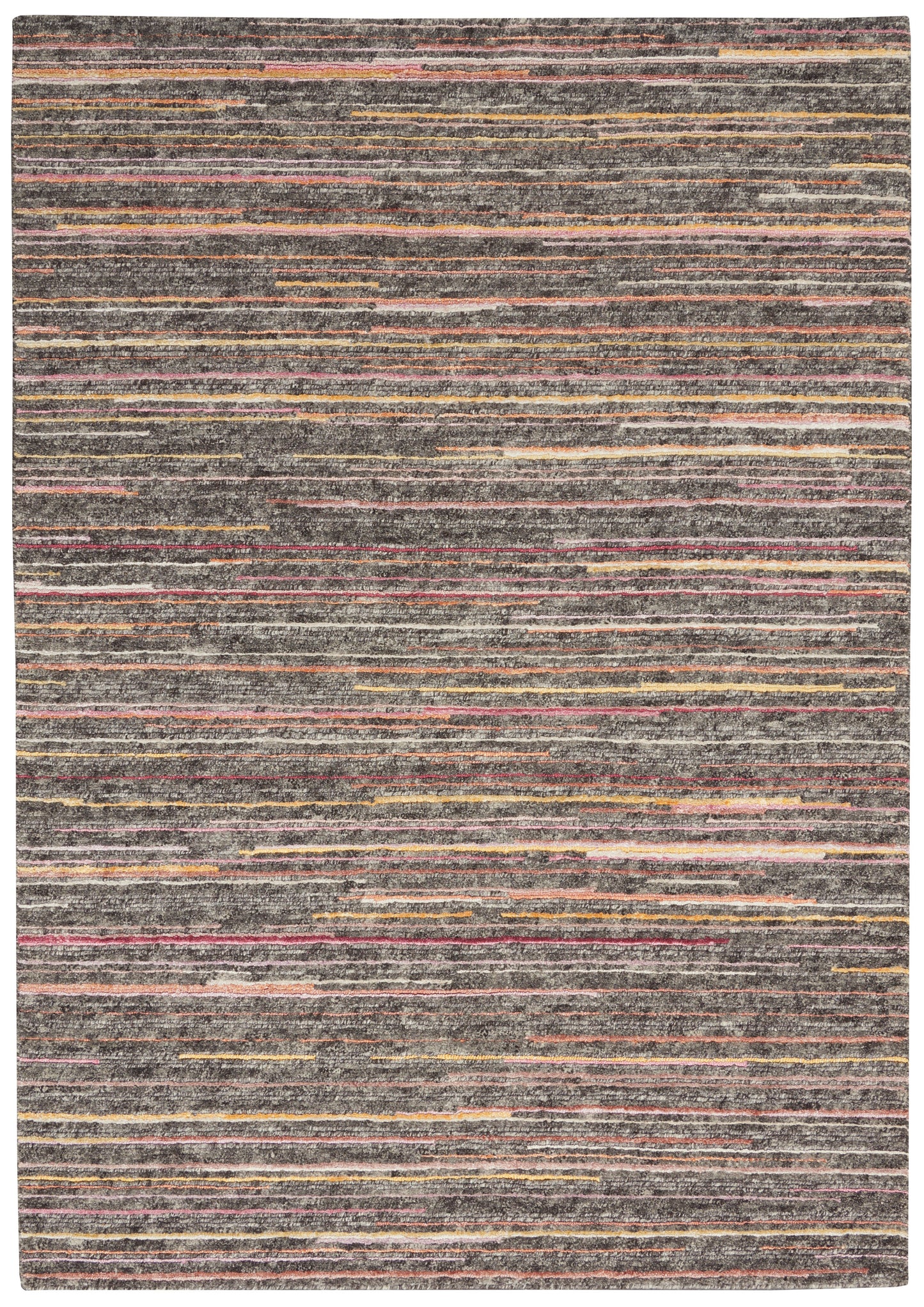 Gray woven rug with thin horizontal multicolor stripes in pink, orange, yellow and beige.