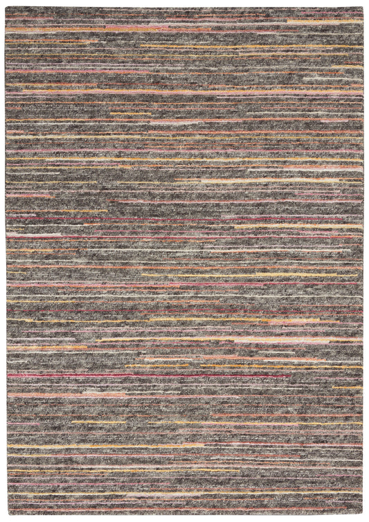 Gray woven rug with thin horizontal multicolor stripes in pink, orange, yellow and beige.