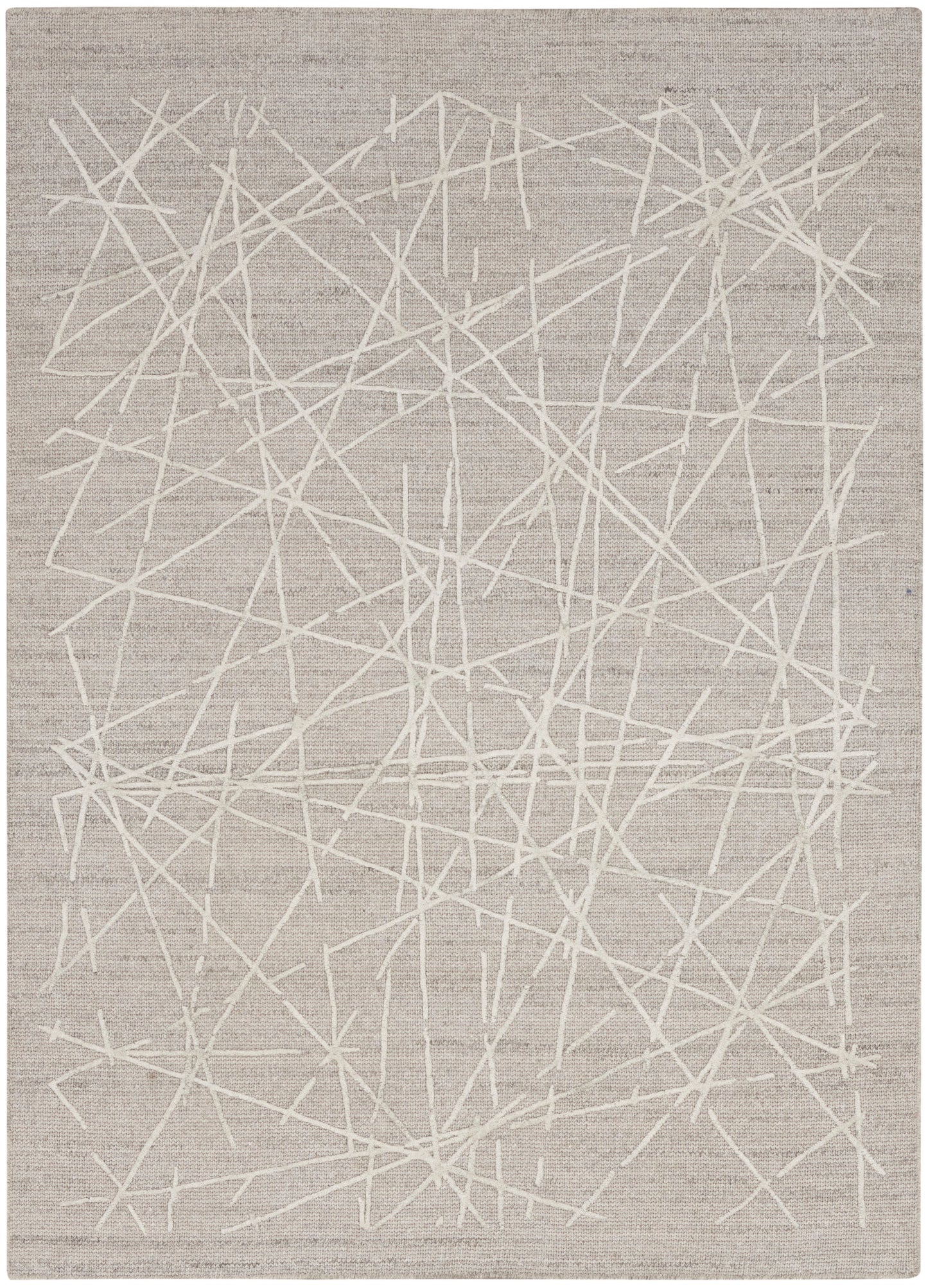 Beige-gray area rug with an abstract white crisscross line pattern.
