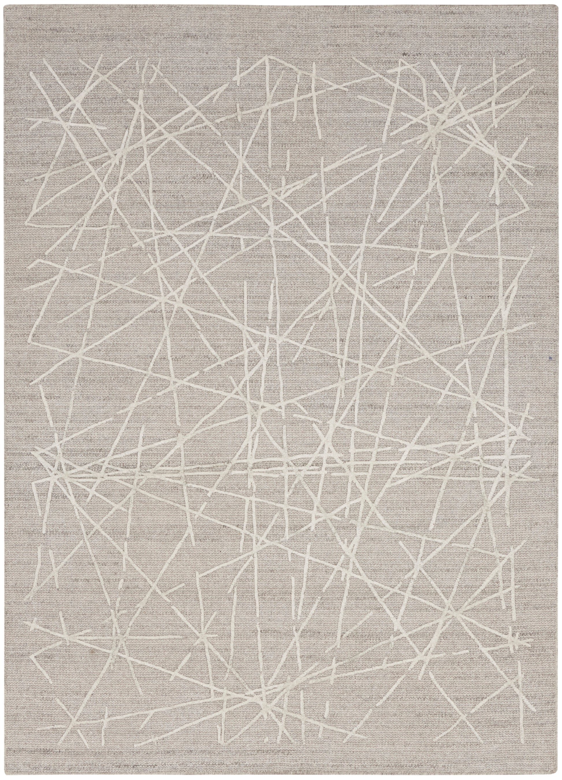 Beige-gray area rug with an abstract white crisscross line pattern.