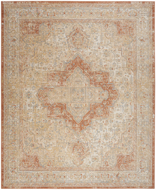 Rectangular vintage-style oriental rug with central rust medallion on ivory-beige field, blue accents and layered borders.