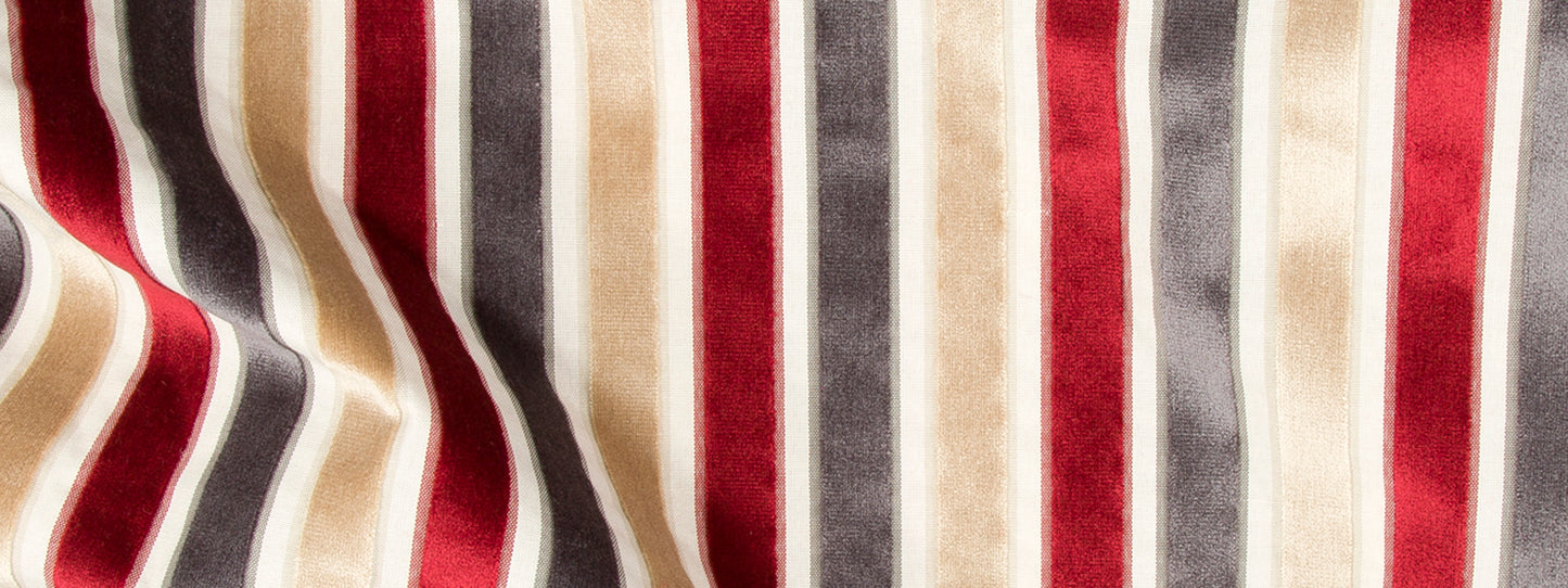 Striped velvet fabric with vertical red, cream, beige and gray stripes; soft, luxurious for upholstery or drapes.