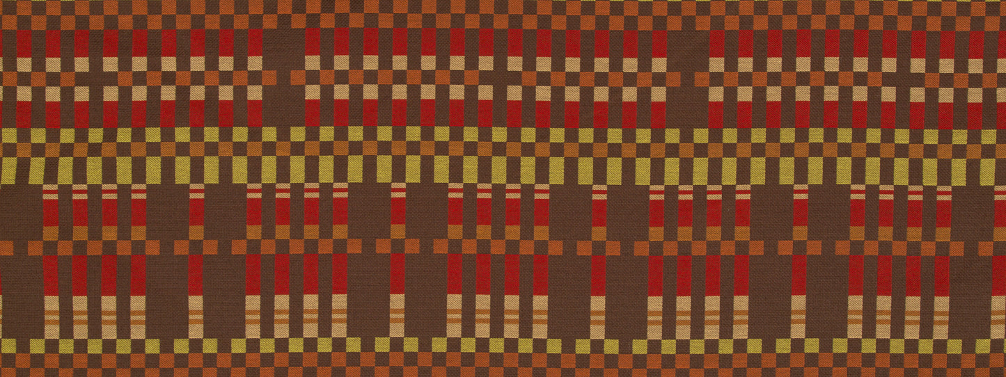 Earth-toned woven fabric with a dense checkerboard pattern of reds, browns, ochre and olive.