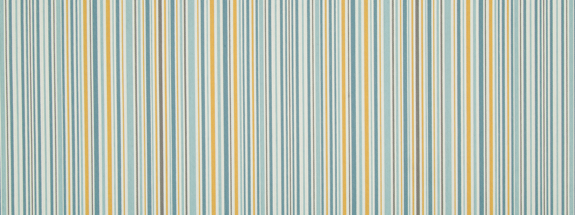 Vertical striped pattern in pastel blues, teal, white and yellow on upholstery fabric.