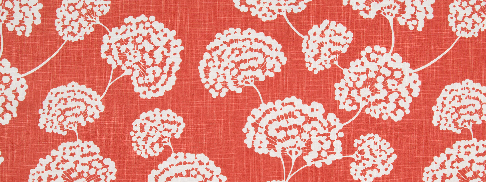 Coral linen-textured fabric with white hydrangea-like floral clusters; botanical print for apparel or home decor.