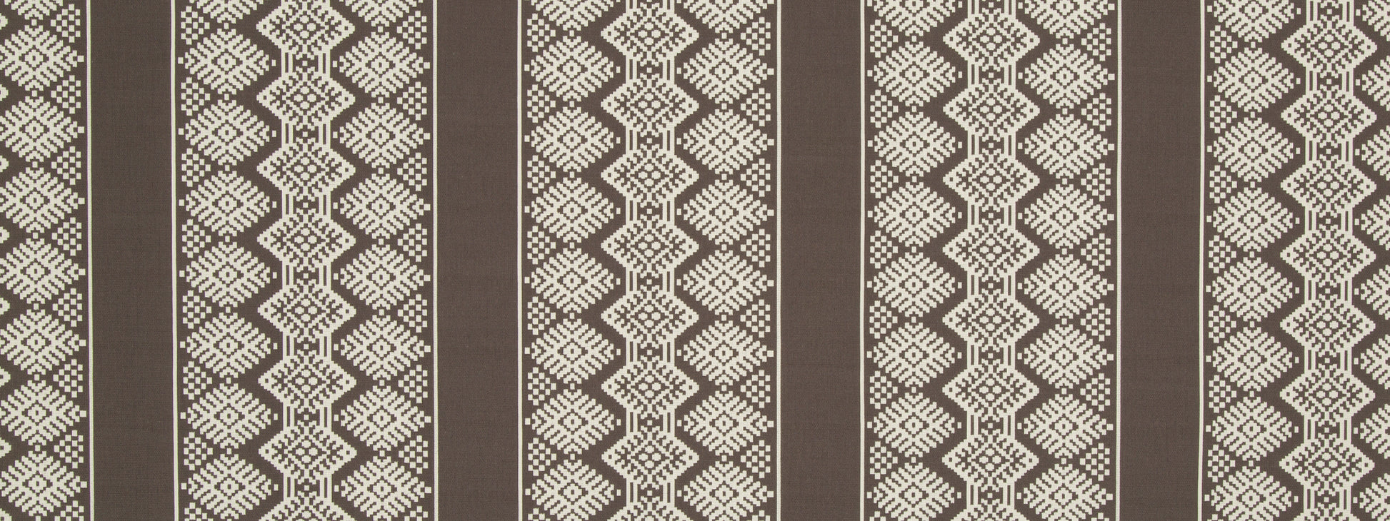Brown woven upholstery fabric with vertical dark stripes and beige geometric diamond pattern; tribal textile-inspired design.