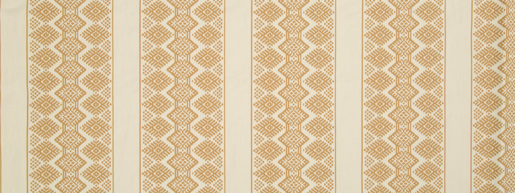 Beige-tan geometric striped fabric with vertical bands and diamond zigzag motif.