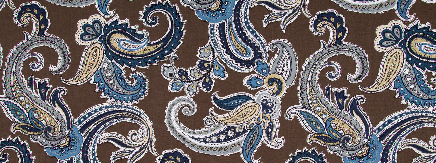 Brown fabric with blue, ivory and beige paisley swirls in an ornate decorative print.