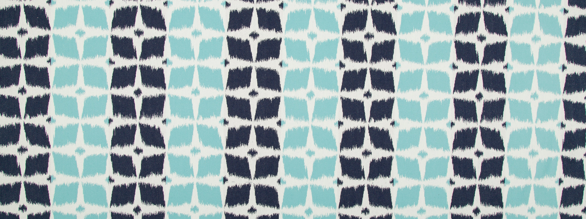 Navy and teal geometric pattern fabric with vertical columns of star-like blocks, a modern lattice motif.