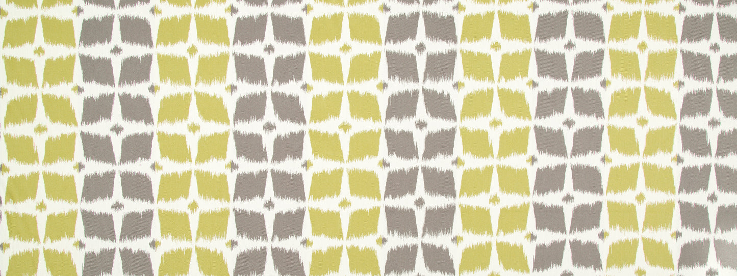 Geometric yellow and gray fabric pattern with repeating star-like motifs for a bold mid-century look.