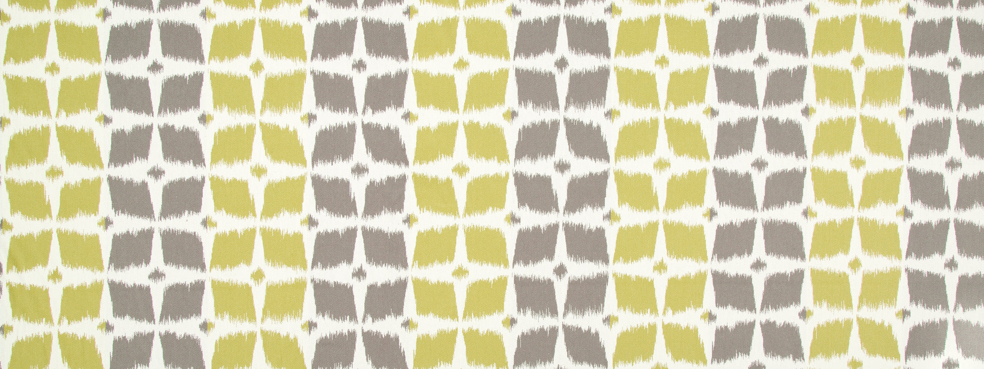 Geometric yellow and gray fabric pattern with repeating star-like motifs for a bold mid-century look.