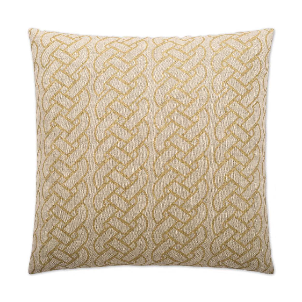 Beige square throw pillow with tan interlaced knot pattern.
