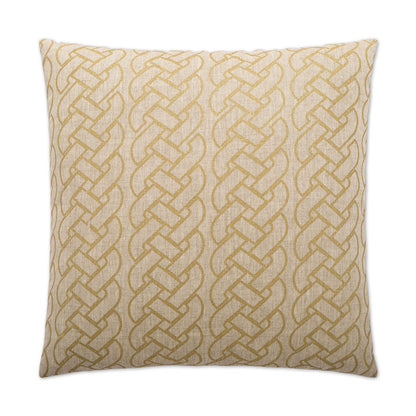 Beige square throw pillow with tan interlaced knot pattern.