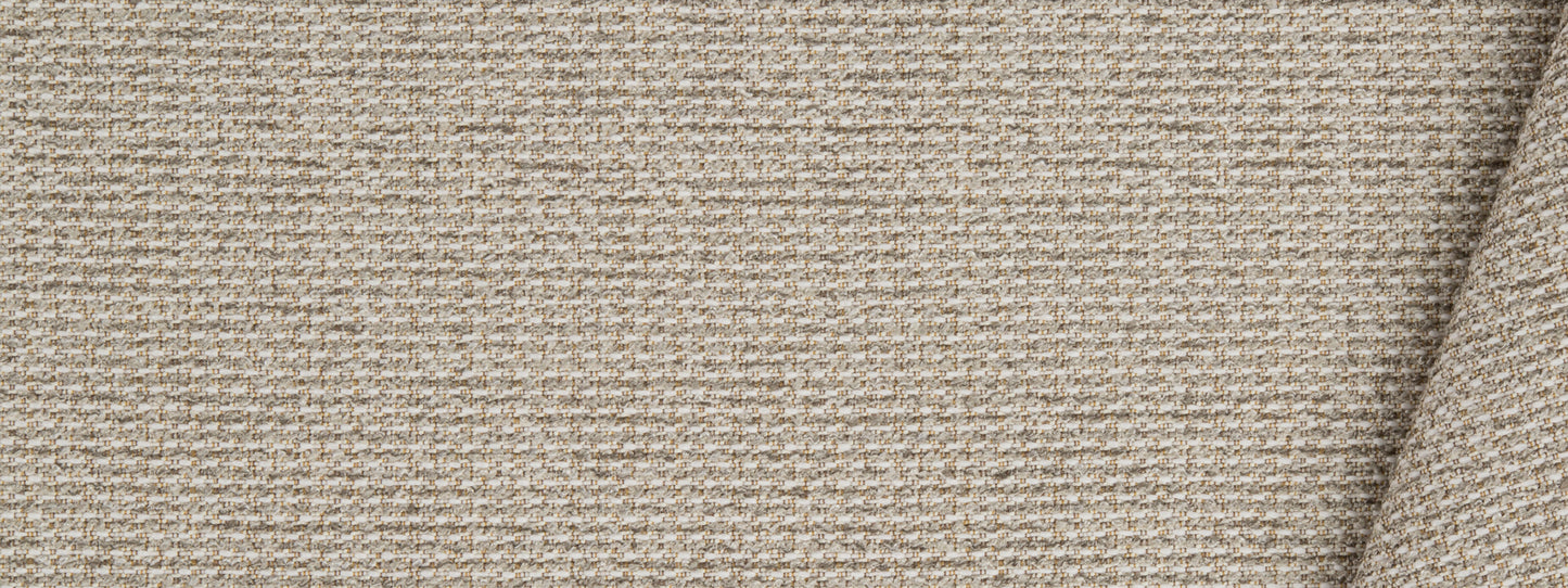 Beige textured woven fabric close-up with a coarse weave and a folded edge, suitable for upholstery or cushions.