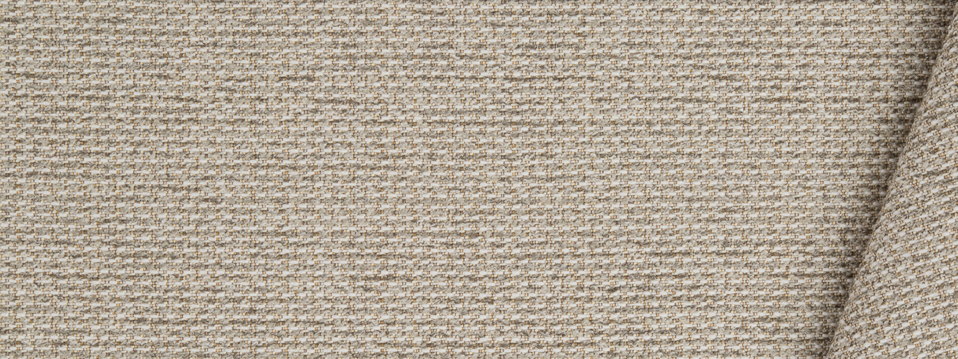 Beige textured woven fabric close-up with a coarse weave and a folded edge, suitable for upholstery or cushions.