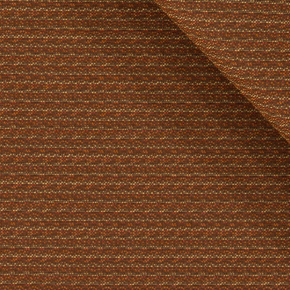 Brown speckled woven upholstery fabric swatch with a folded corner.