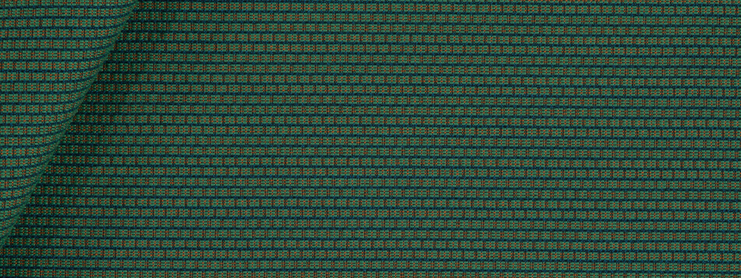 Teal & emerald green woven upholstery fabric with a tiny square grid pattern, folded corner revealing a textured weave.