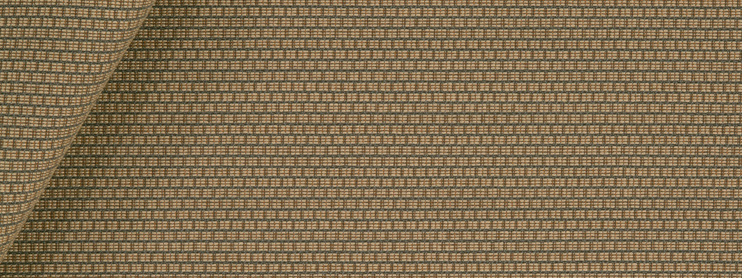 Latte-brown woven upholstery fabric with a tiny beige check pattern; folded-corner view.