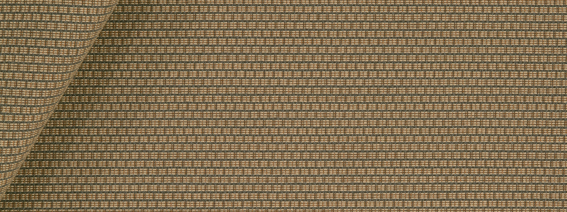 Latte-brown woven upholstery fabric with a tiny beige check pattern; folded-corner view.