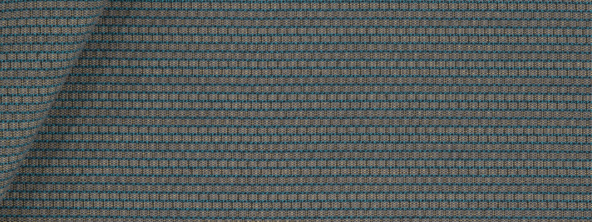 Slate-colored woven upholstery fabric swatch with a folded corner and a square texture.